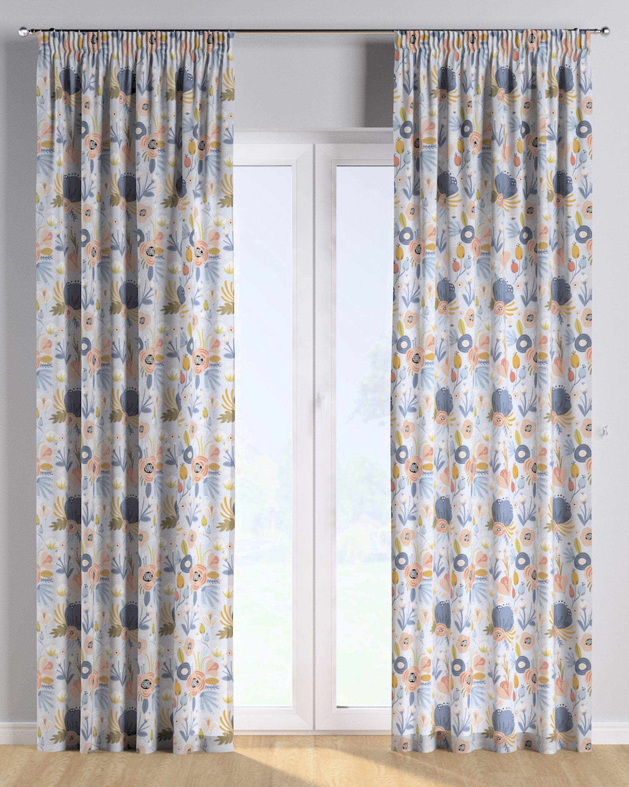Rideau sur un ruban fronceur 1 pièce couleur bleu tissu à motifs (hover)