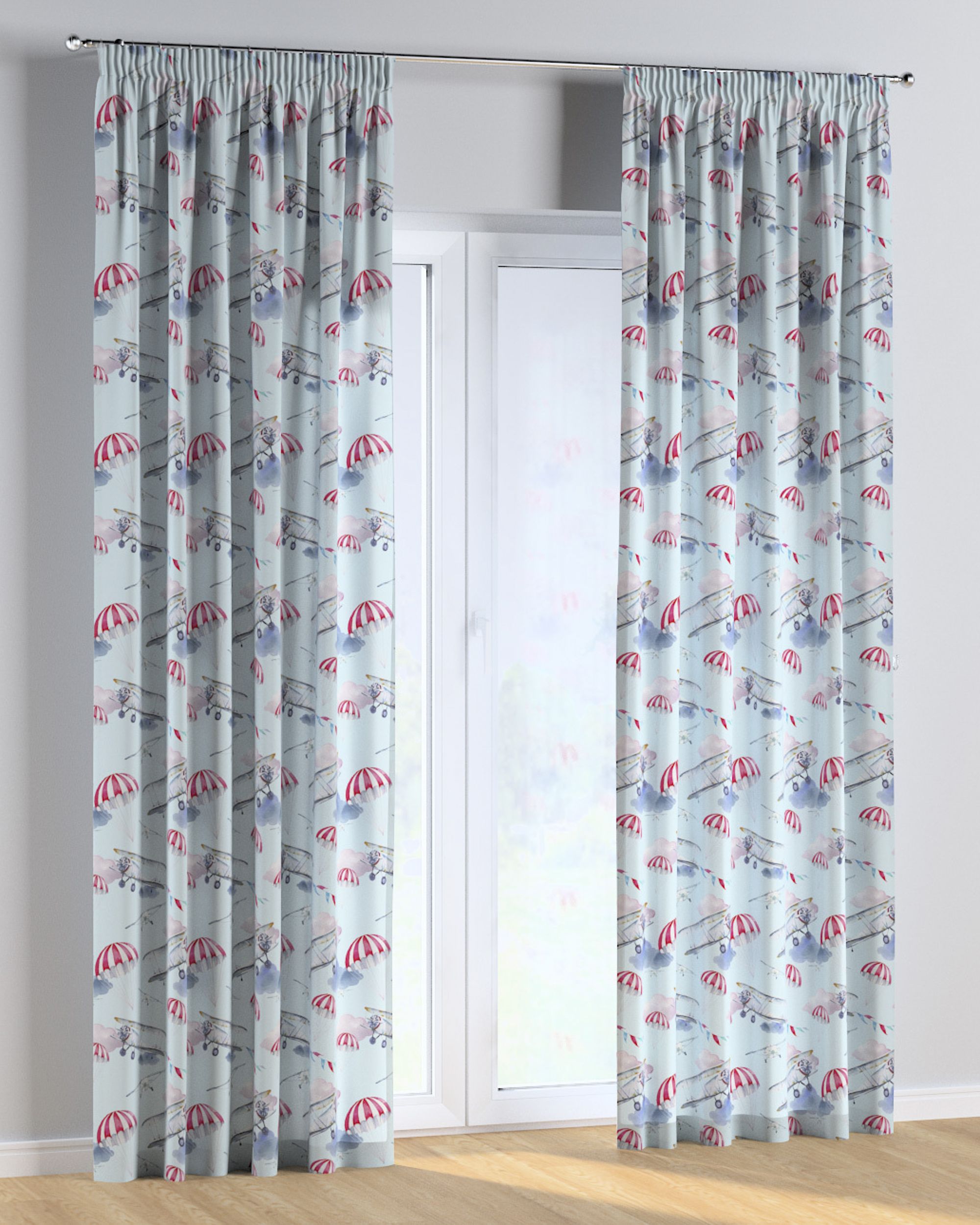 Rideau sur un ruban fronceur 1 pièce couleur bleu tissu à motifs