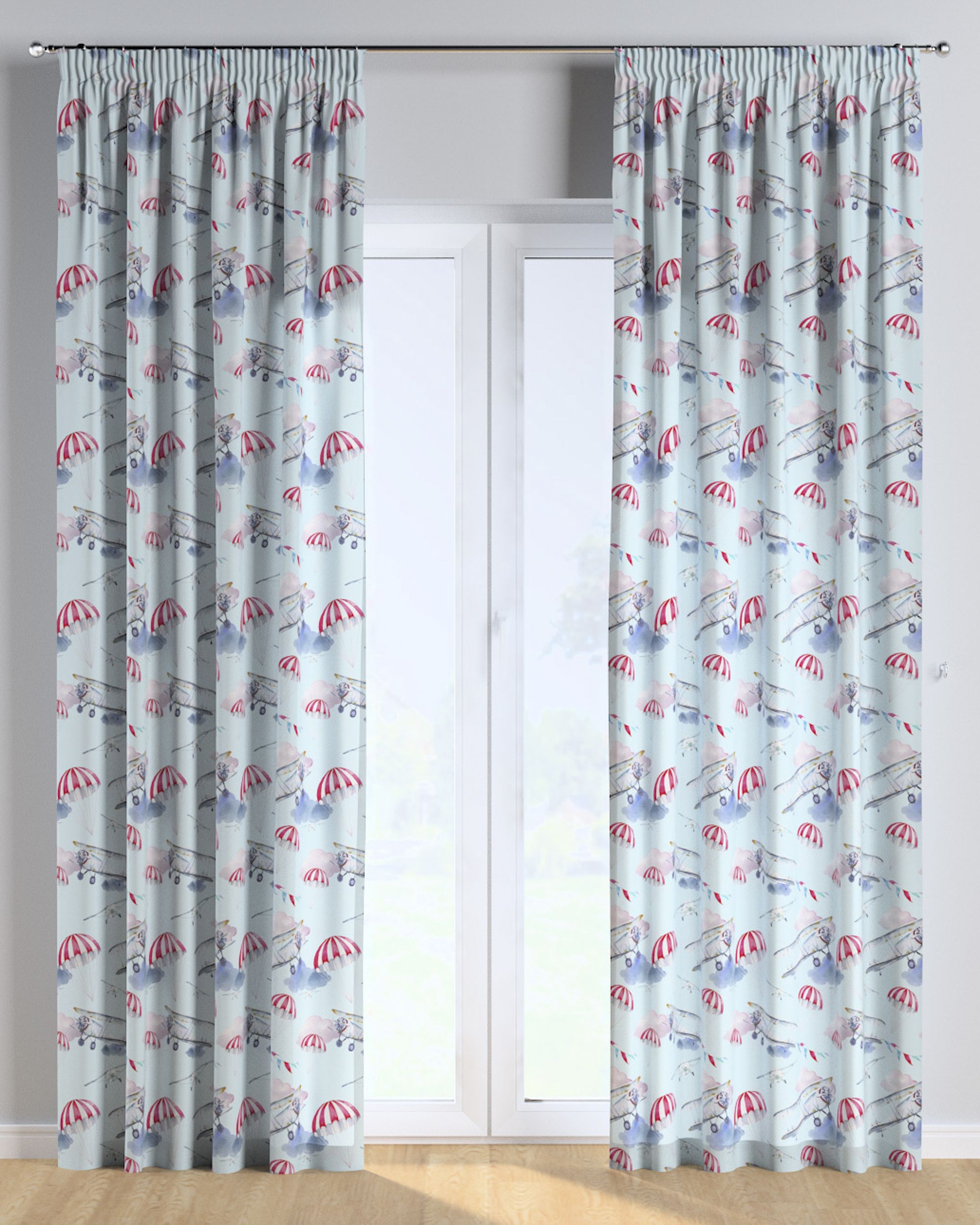Rideau sur un ruban fronceur 1 pièce couleur bleu tissu à motifs (hover)