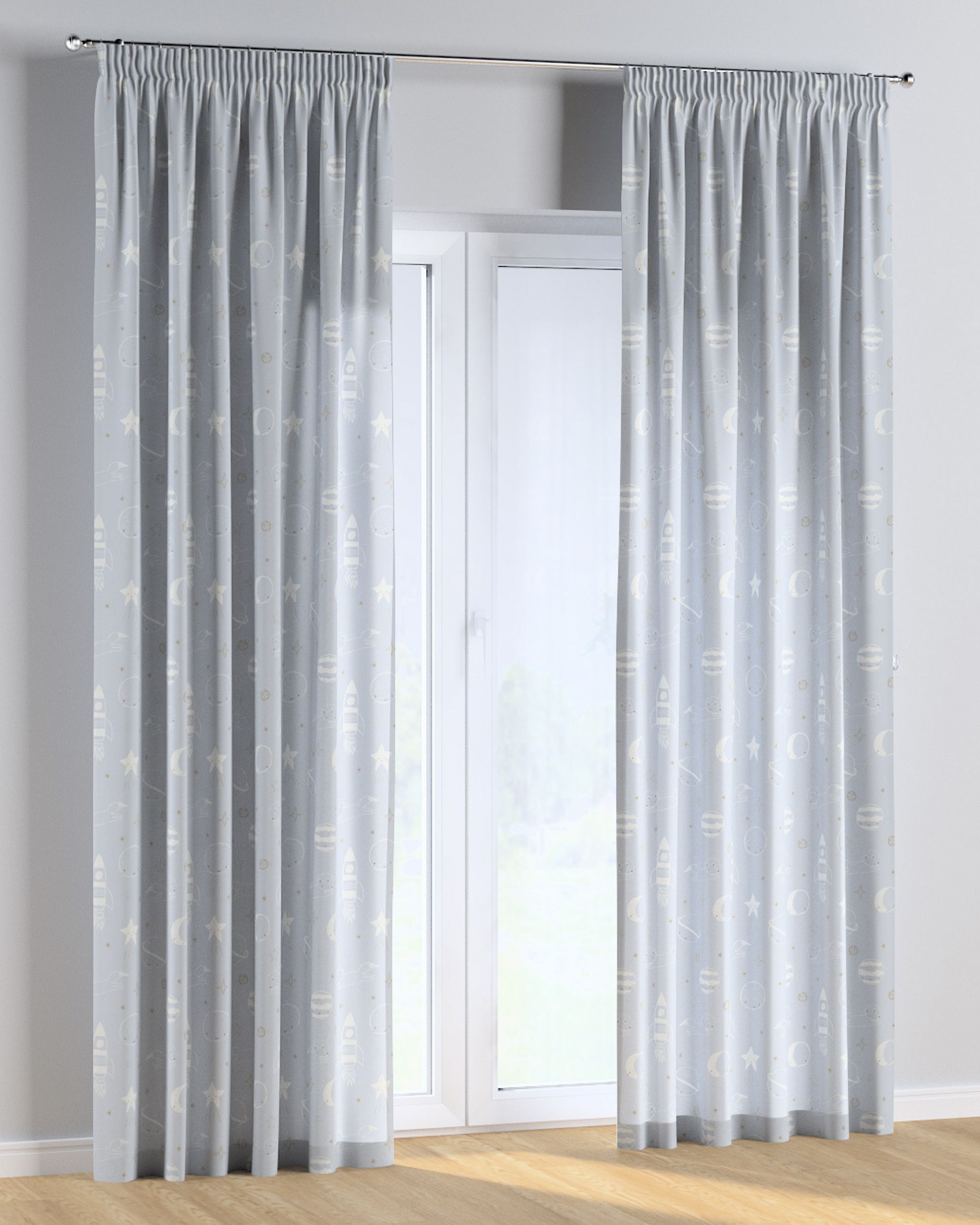 Rideau sur un ruban fronceur 1 pièce couleur bleu tissu à motifs