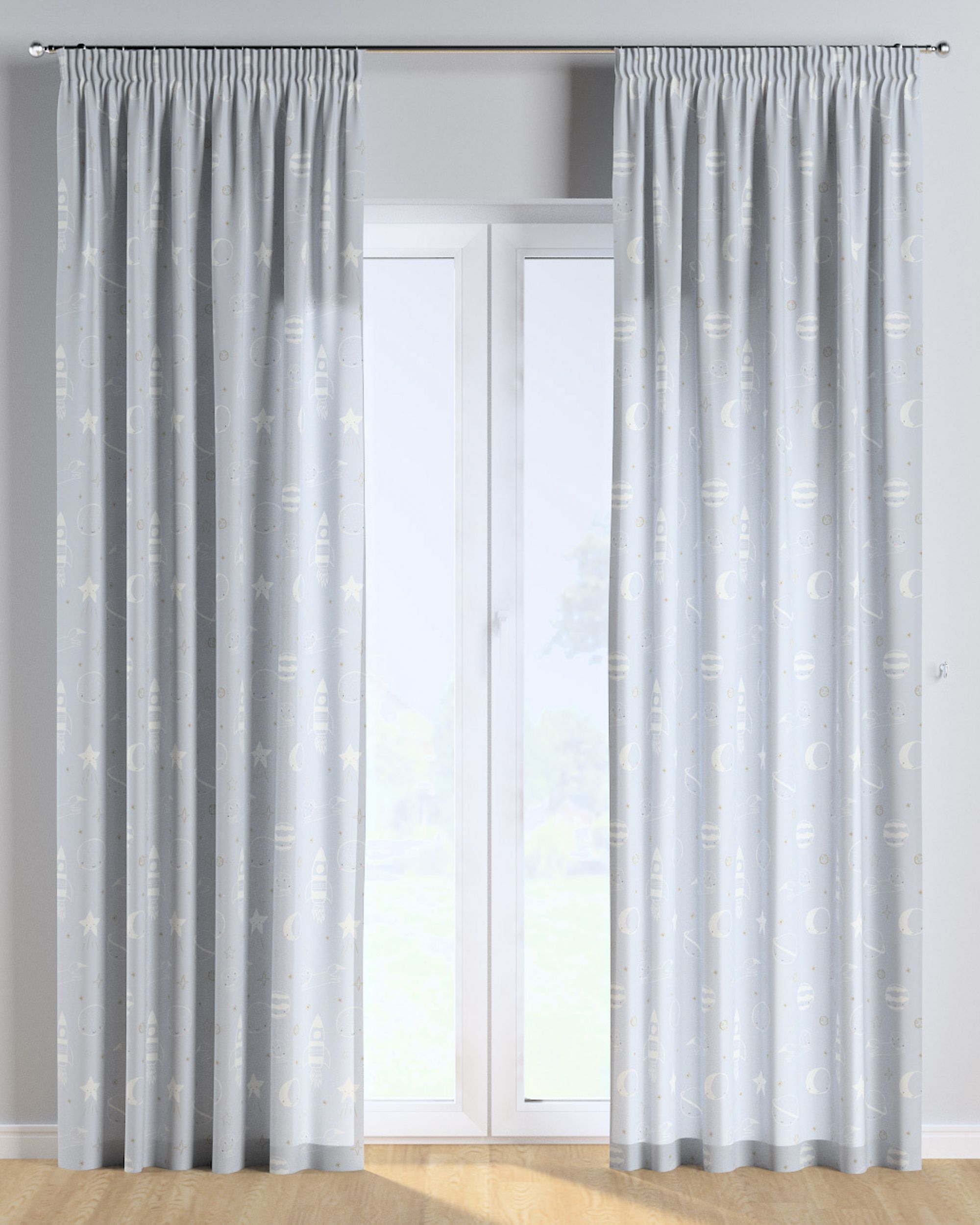 Rideau sur un ruban fronceur 1 pièce couleur bleu tissu à motifs (hover)