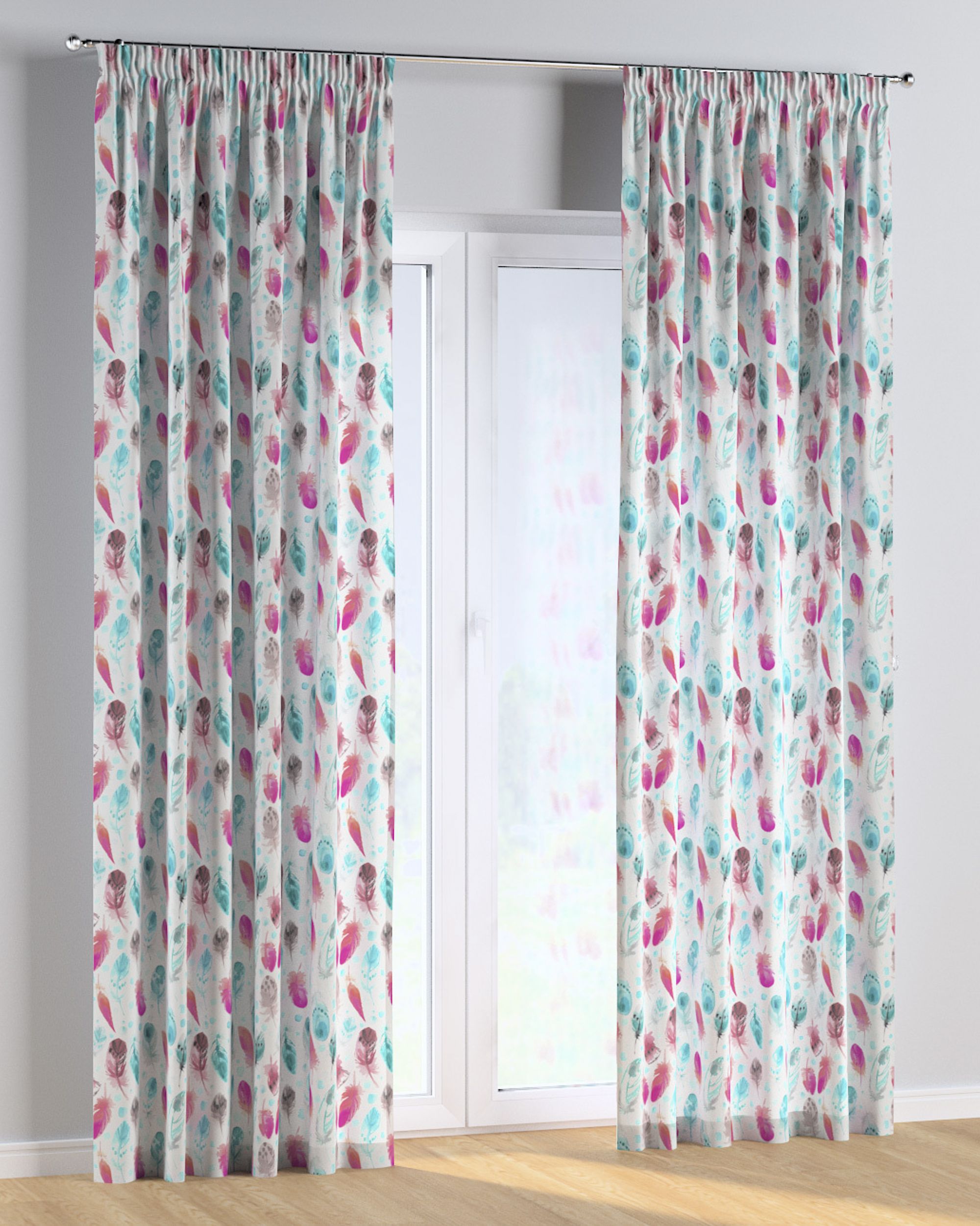 Rideau sur un ruban fronceur 1 pièce couleur bleu tissu à motifs