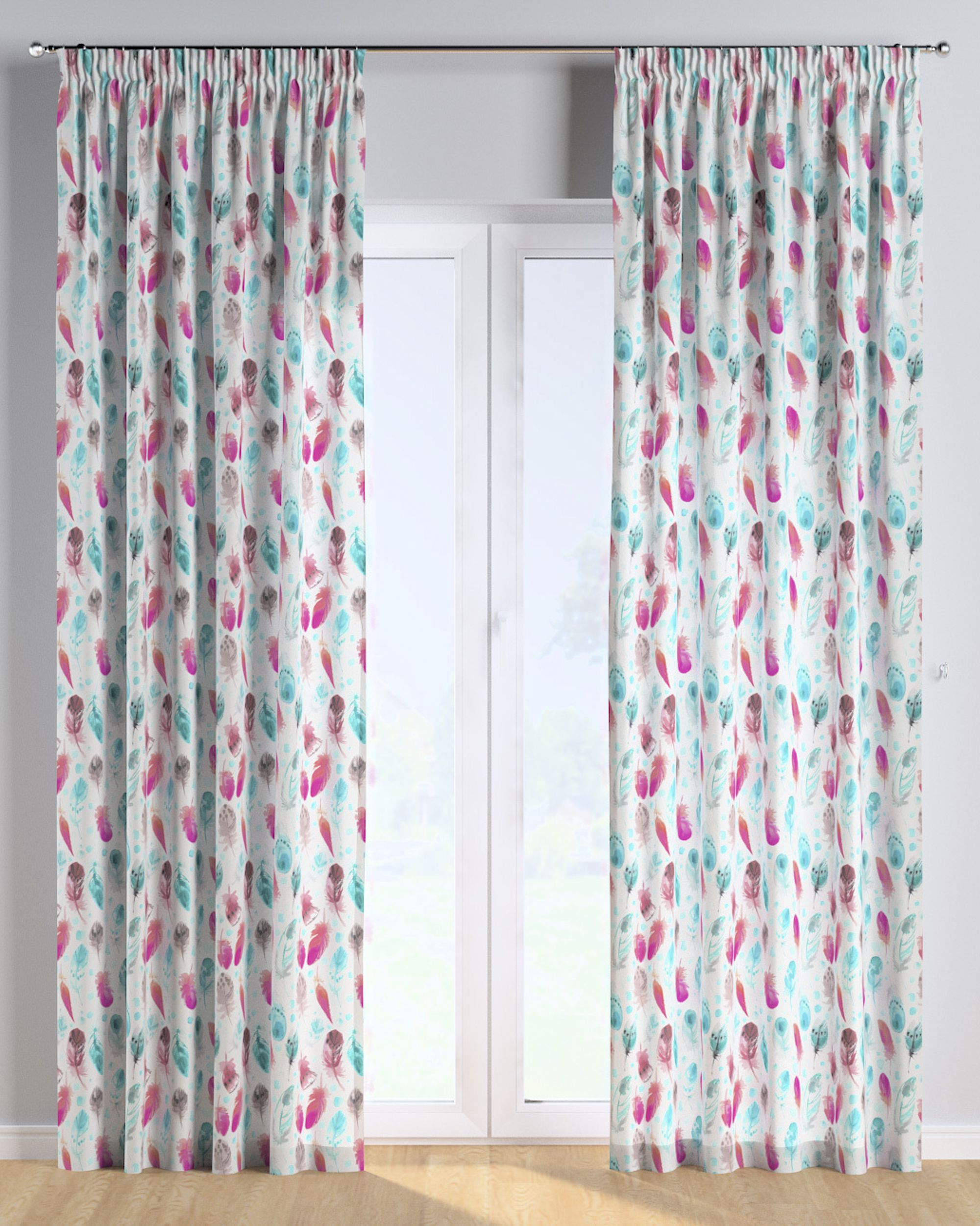 Rideau sur un ruban fronceur 1 pièce couleur bleu tissu à motifs (hover)