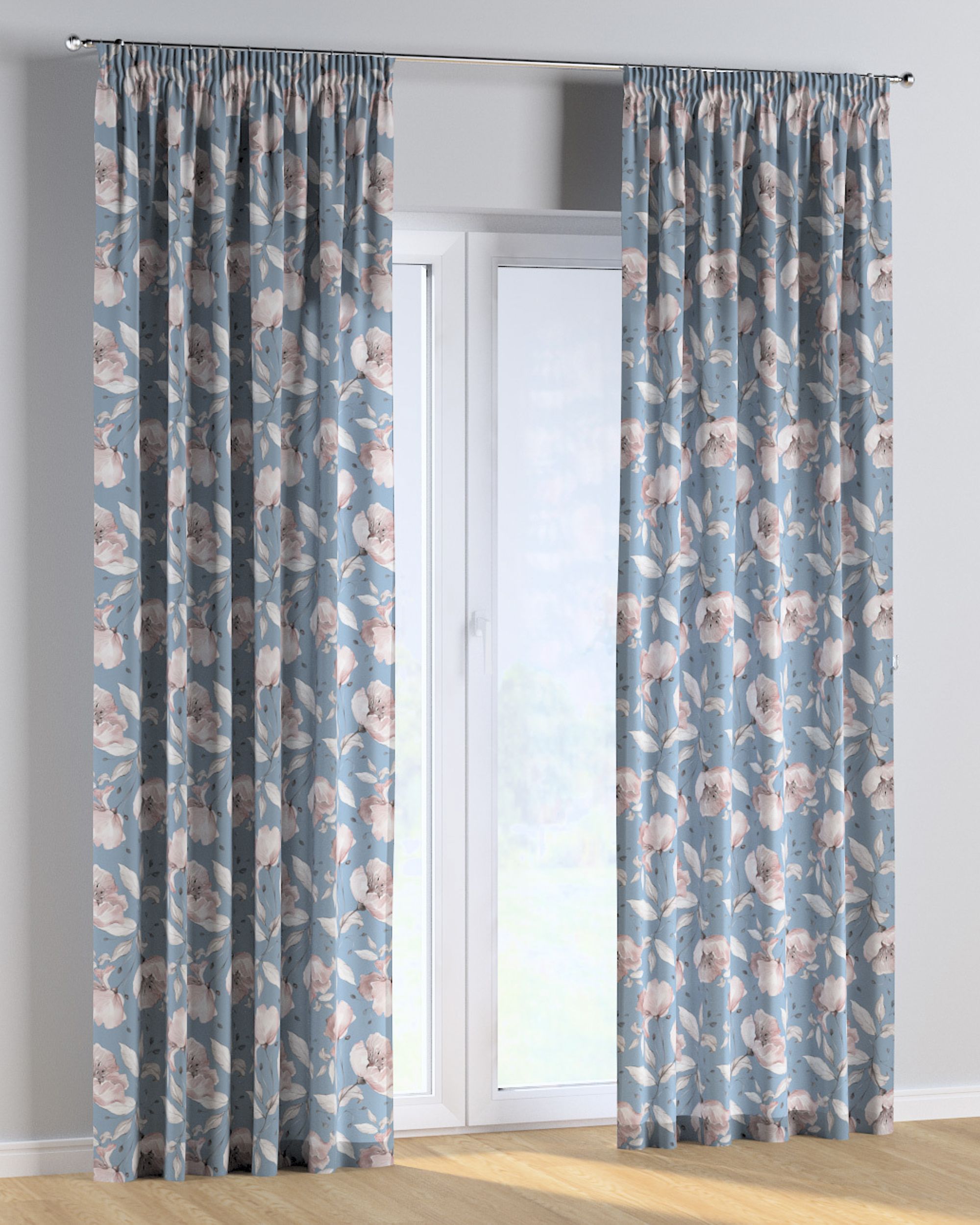 Rideau sur un ruban fronceur 1 pièce couleur bleu tissu à motifs