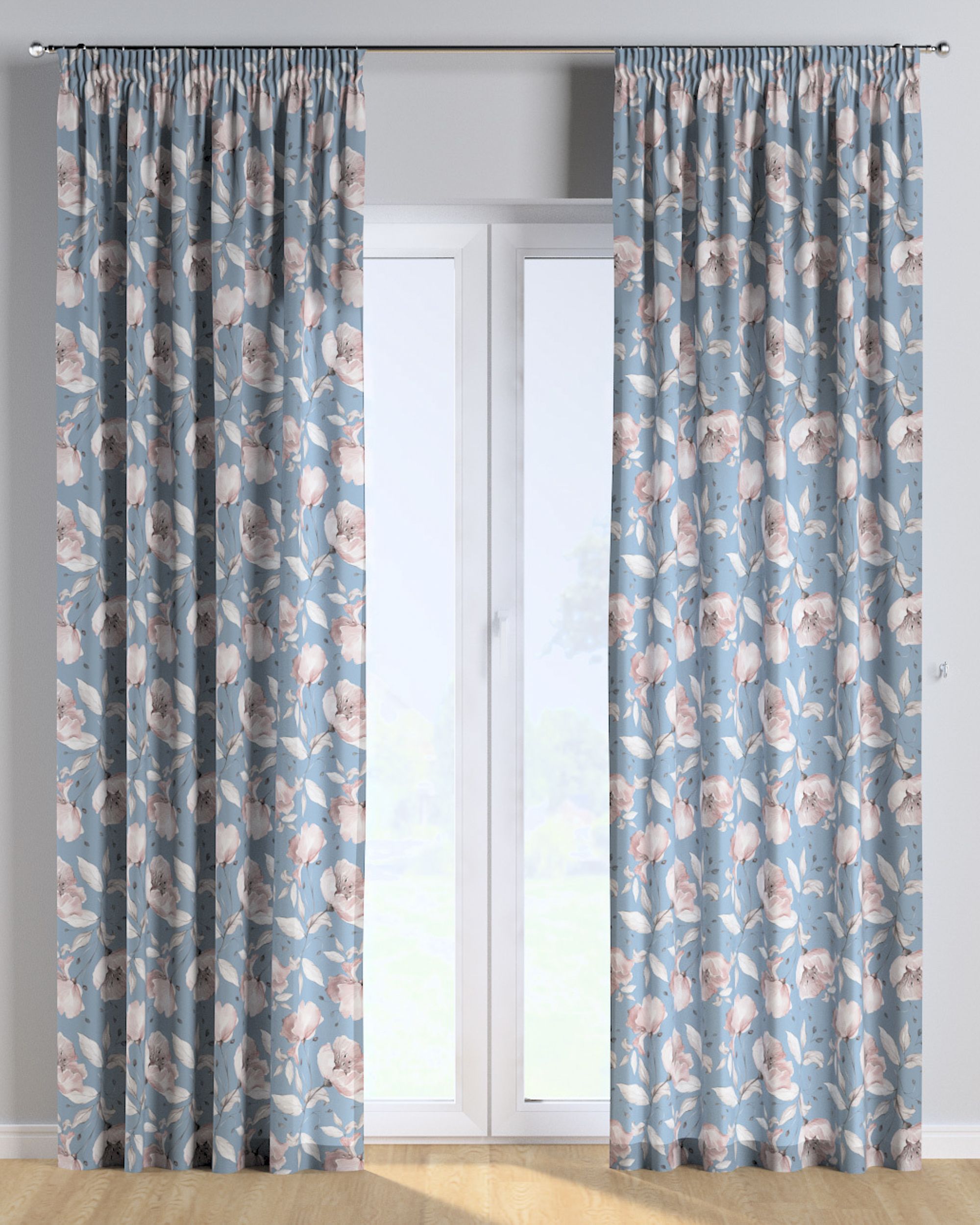 Rideau sur un ruban fronceur 1 pièce couleur bleu tissu à motifs (hover)
