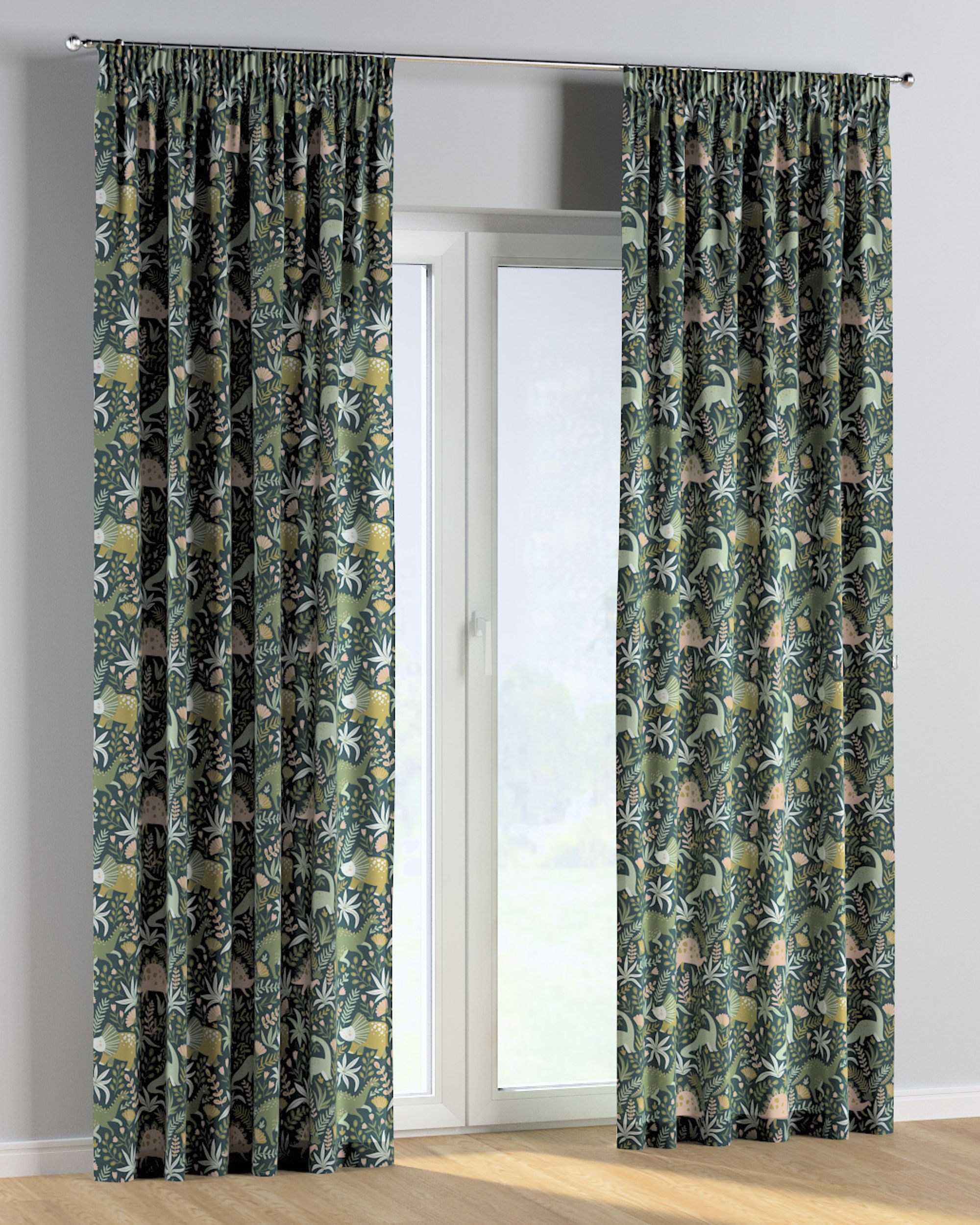 Rideau sur un ruban fronceur 1 pièce couleur vert tissu à motifs