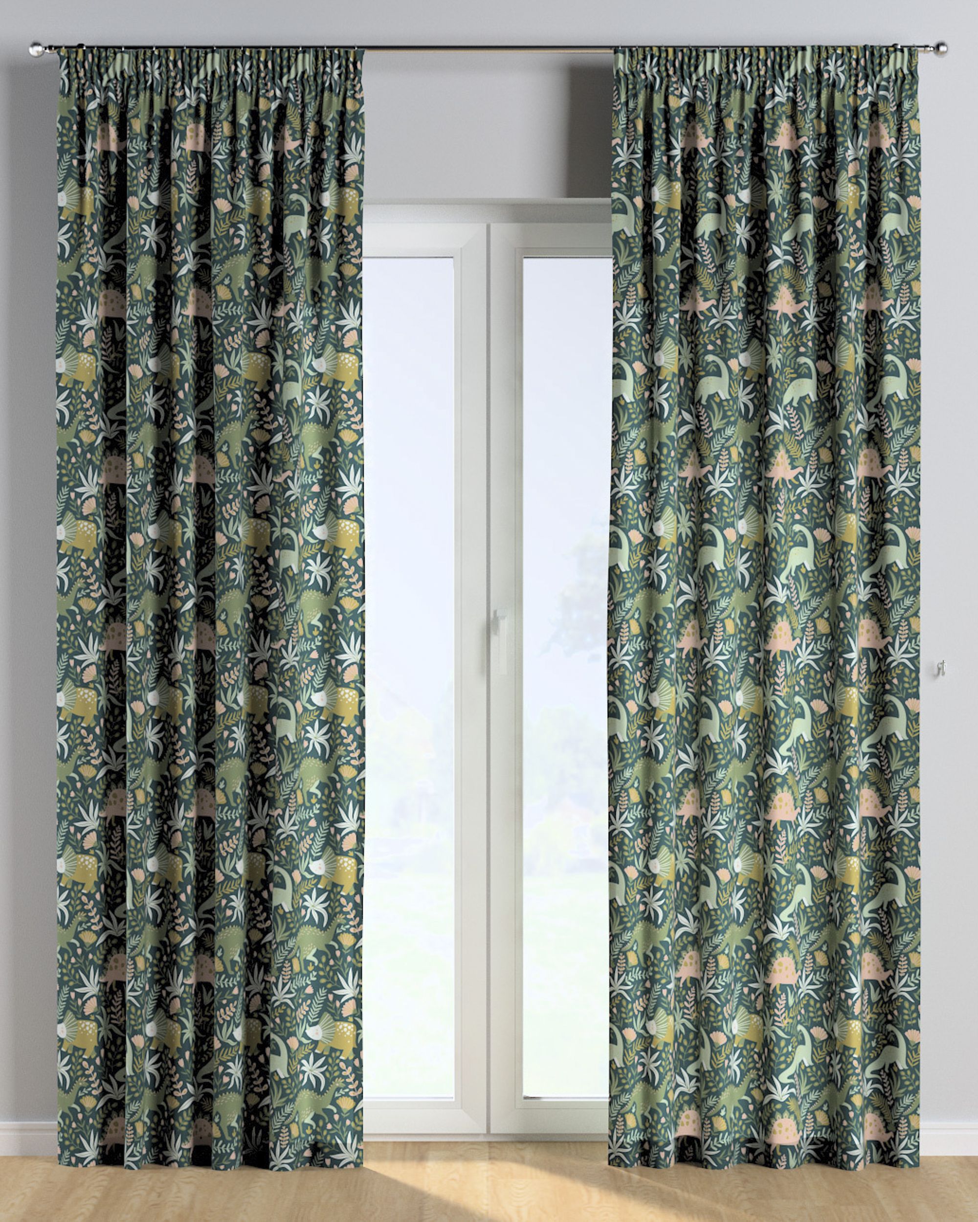 Rideau sur un ruban fronceur 1 pièce couleur vert tissu à motifs (hover)