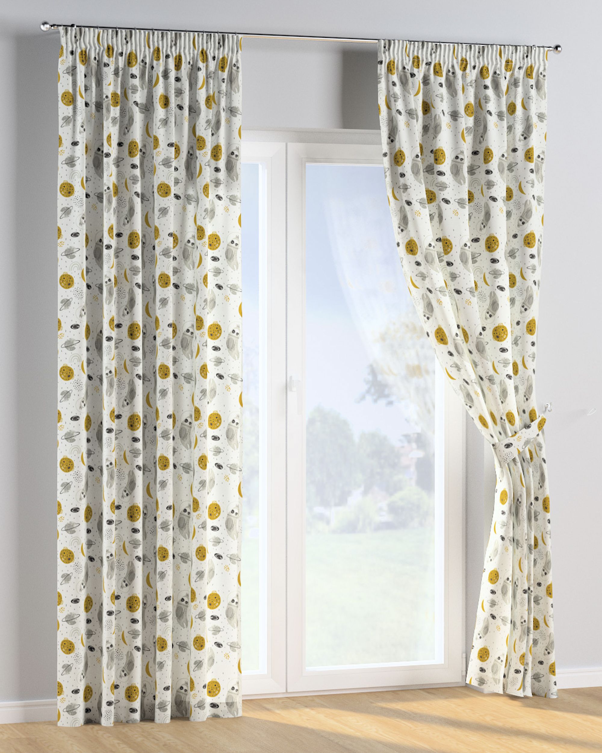 Rideau sur un ruban fronceur 1 pièce couleur blanc tissu à motifs (hover)