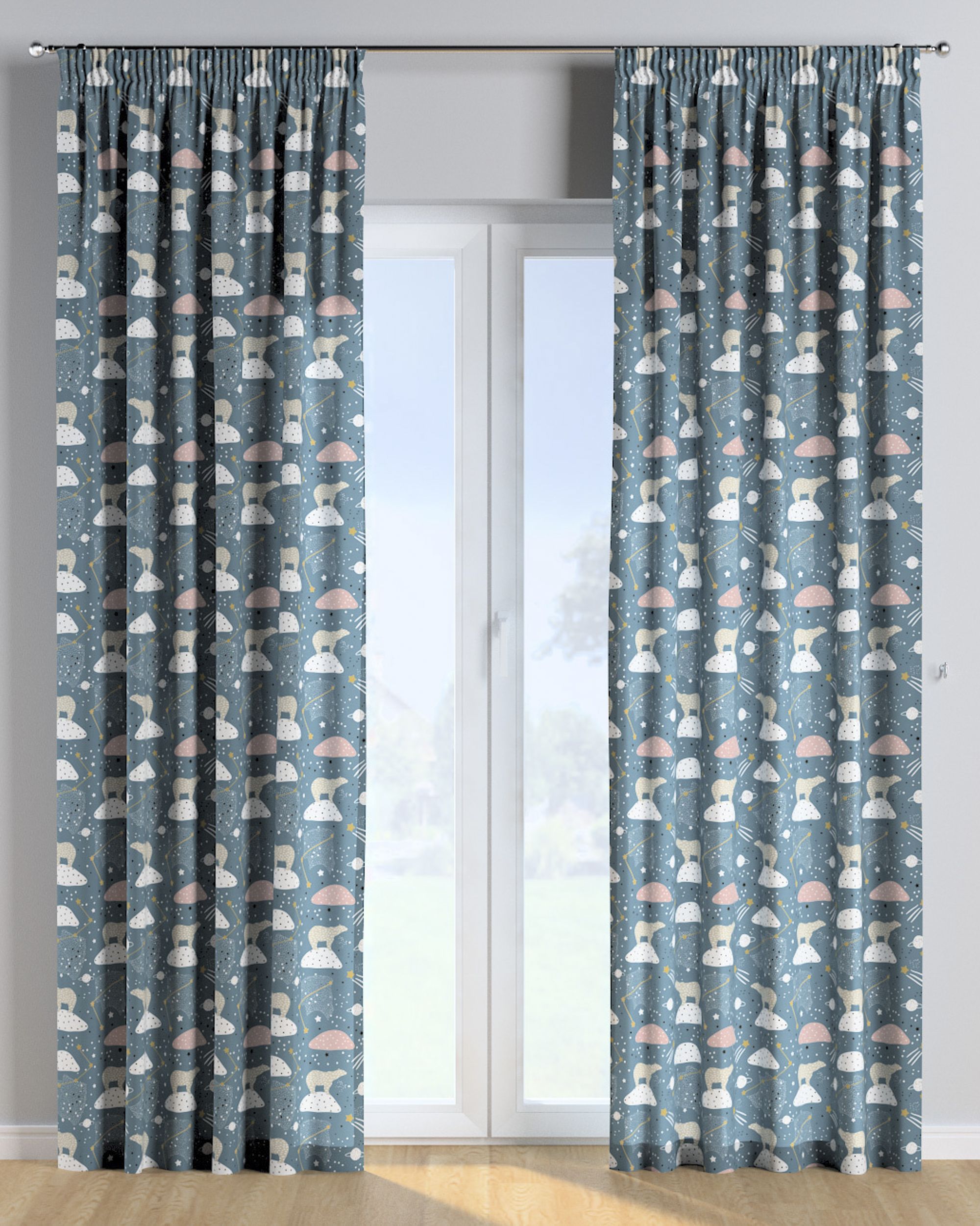 Rideau sur un ruban fronceur 1 pièce couleur bleu tissu à motifs