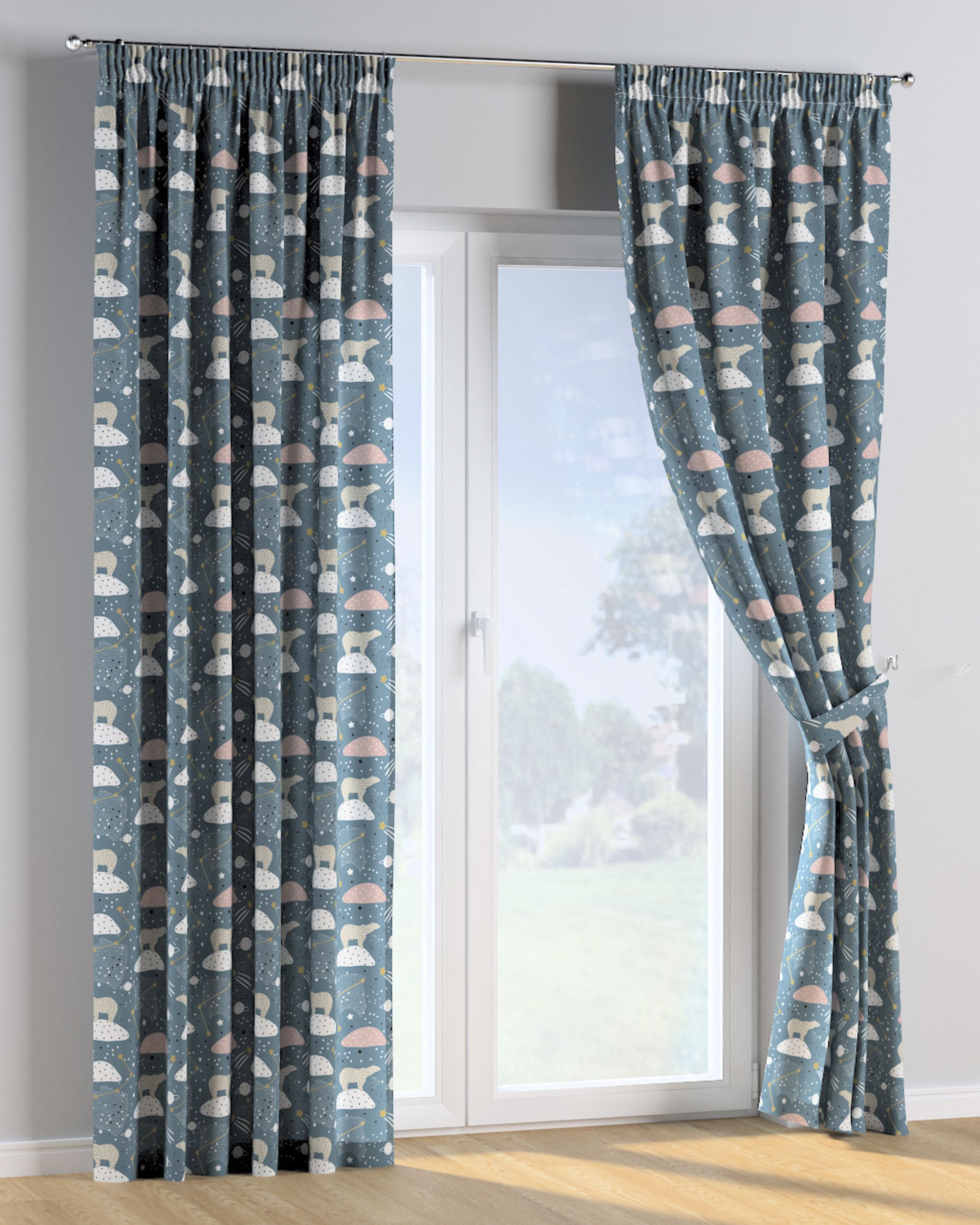 Rideau sur un ruban fronceur 1 pièce couleur bleu tissu à motifs (hover)