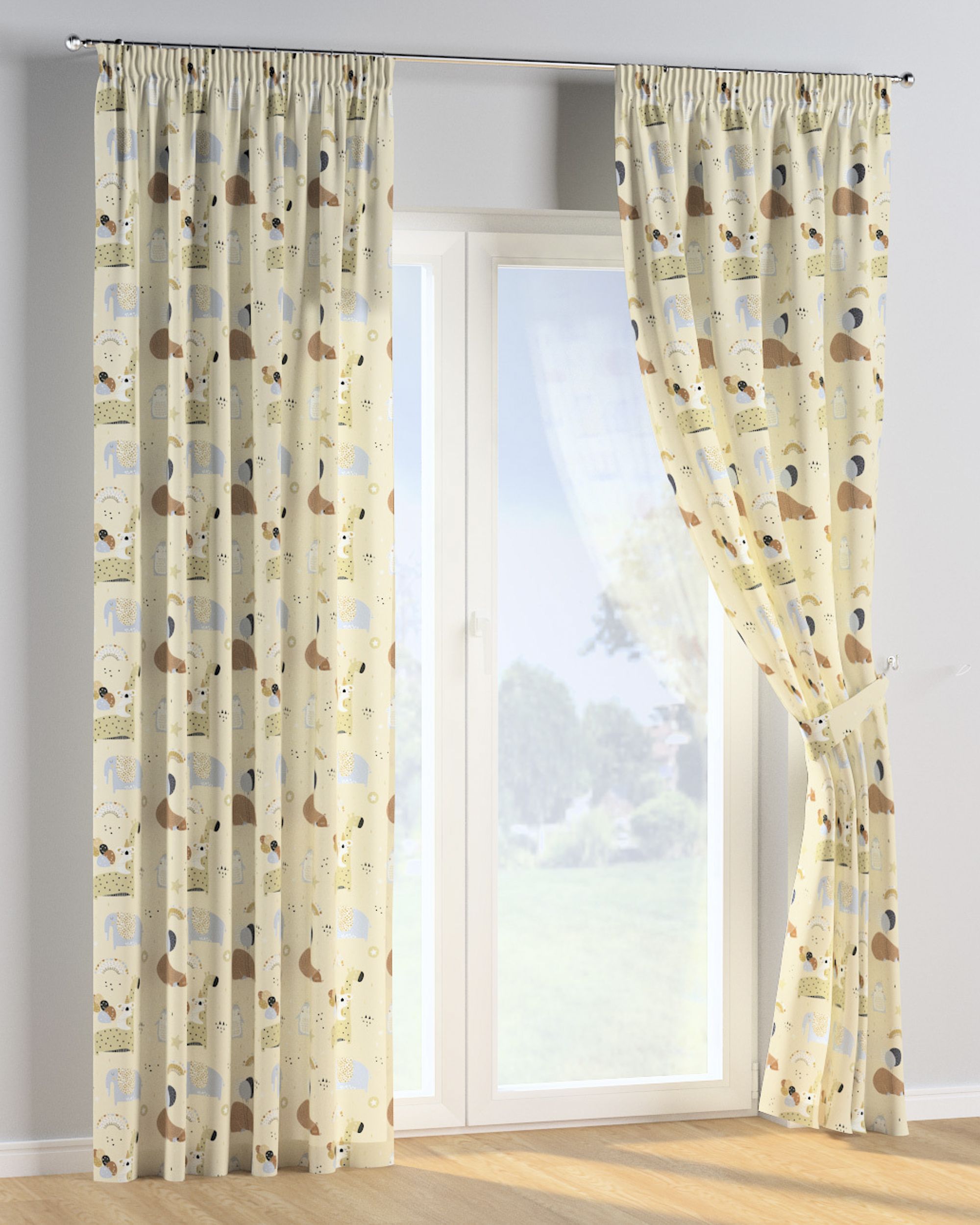 Rideau sur un ruban fronceur 1 pièce couleur beige tissu à motifs (hover)