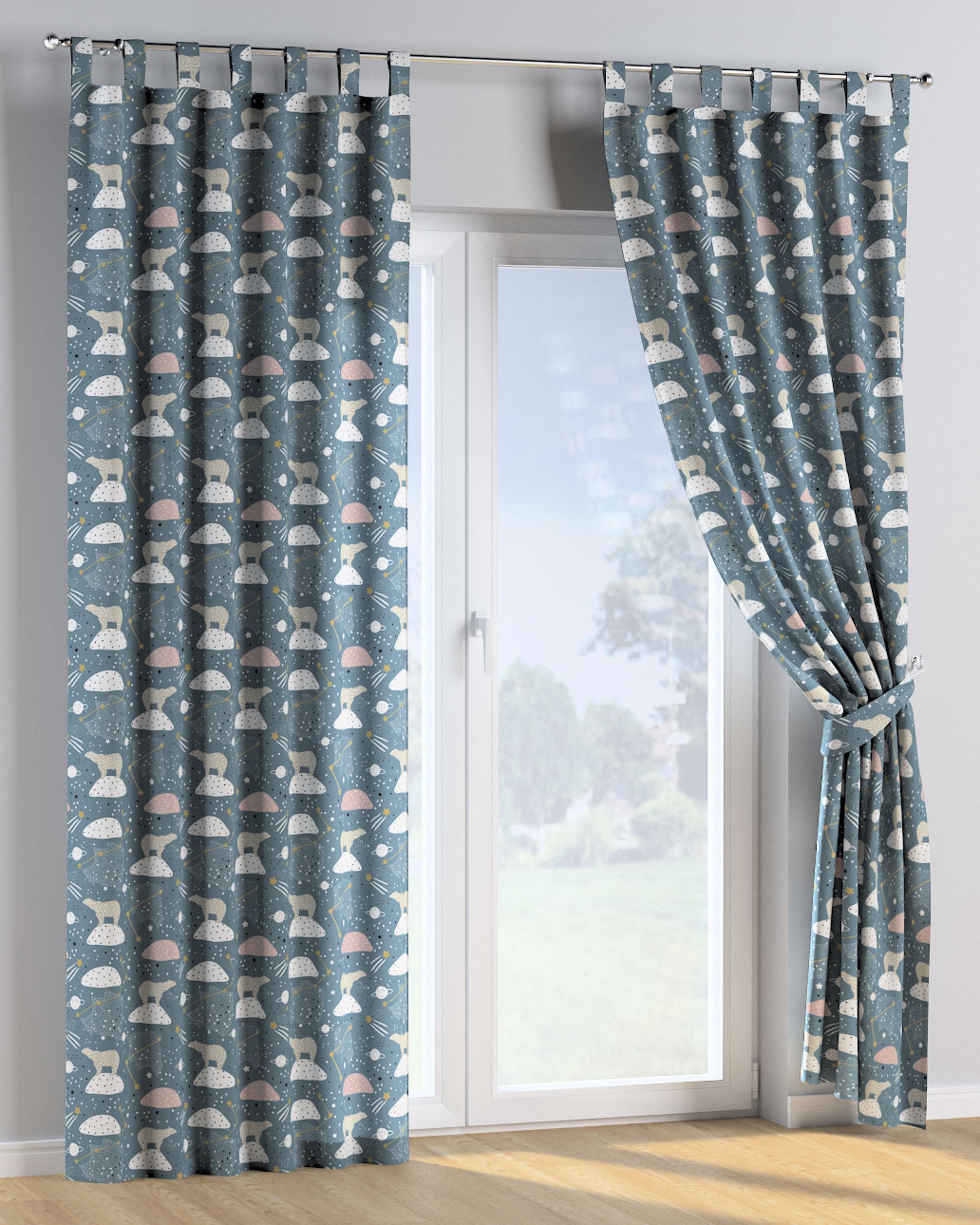 Rideau à pattes 1 pièce couleur bleu tissu à motifs (hover)
