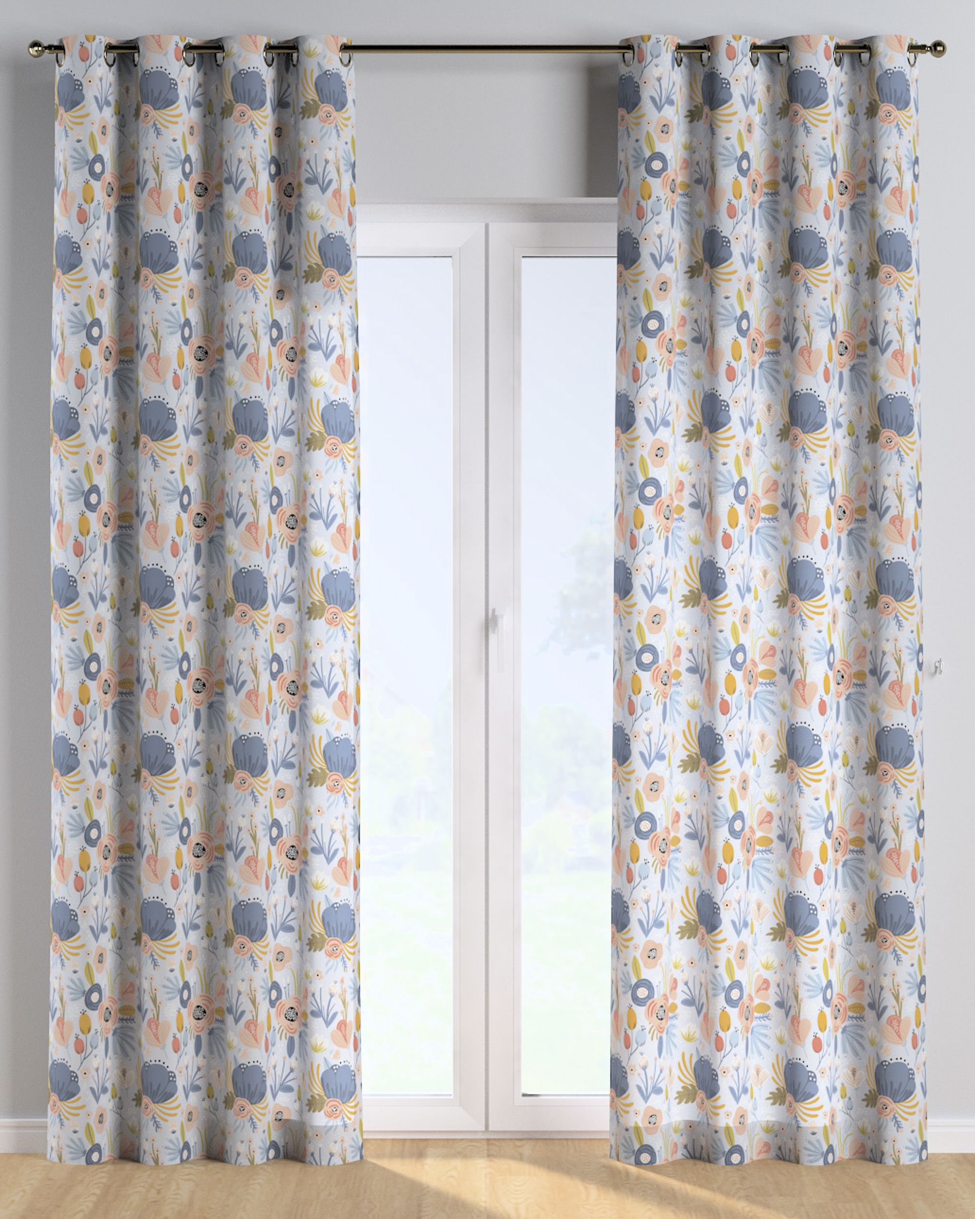 Rideau à œillets 1 pièce couleur bleu tissu à motifs (hover)