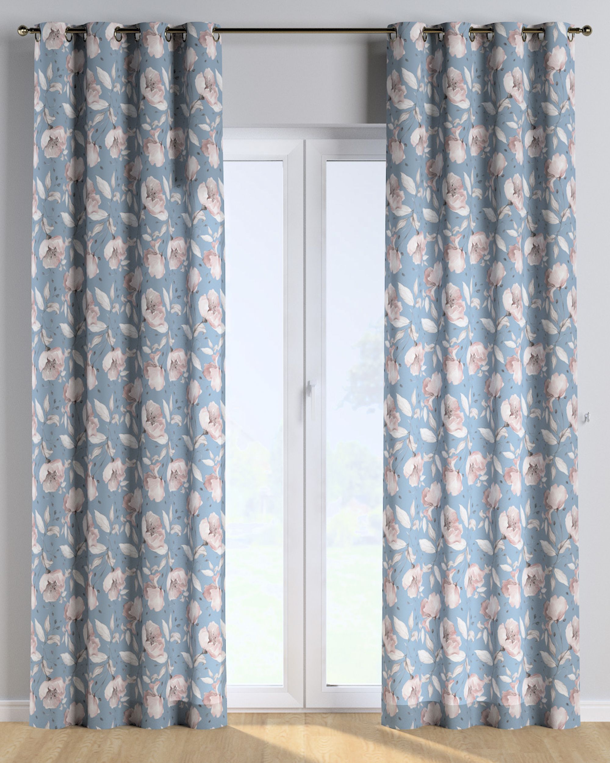 Rideau à œillets 1 pièce couleur bleu tissu à motifs (hover)