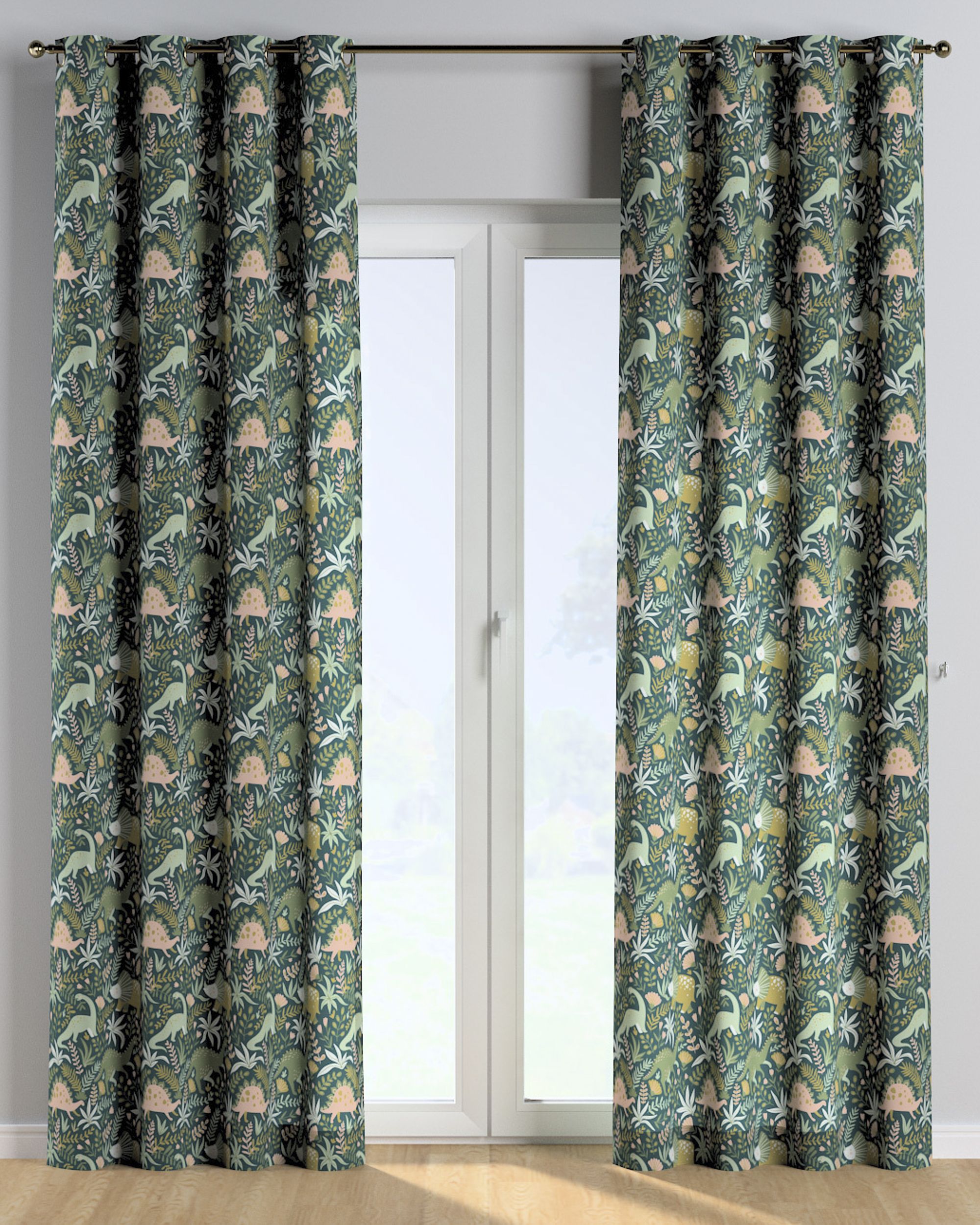 Rideau à œillets 1 pièce couleur vert tissu à motifs (hover)